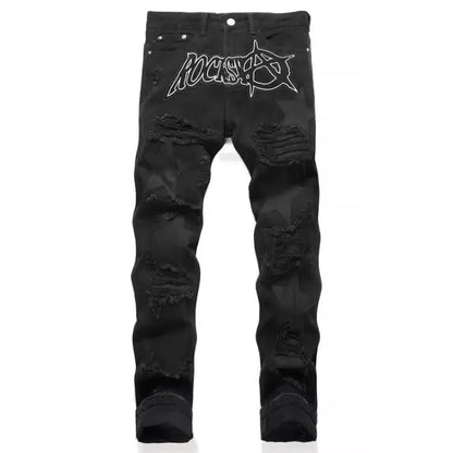 Punk Style Men's Slim Fit Straight Leg Denim Jeans Black Hole Patch Embroidery No Stretch Fashion Urban Casual Cotton Polyest...