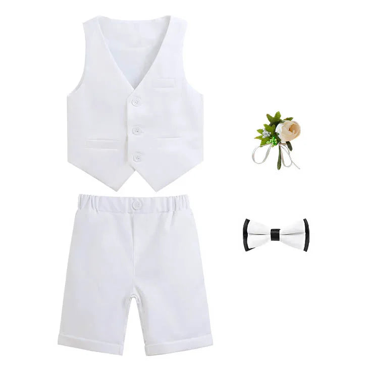 Children Boy Summer Cool Green Suit Kids Boys Vest Shirt Shorts Bowtie Ceremony Costume Formal Boys Breathable Slim Wedding Suit