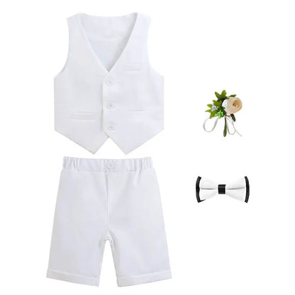 Children Boy Summer Cool Green Suit Kids Boys Vest Shirt Shorts Bowtie Ceremony Costume Formal Boys Breathable Slim Wedding Suit