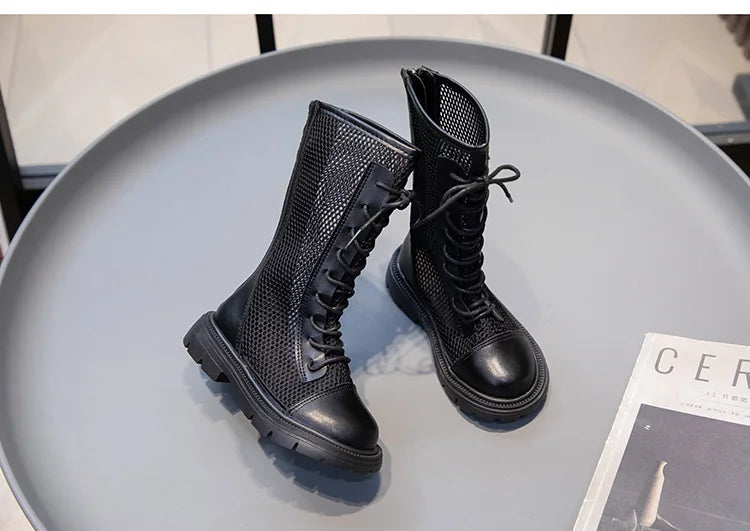 Children Summer Shoes Girls Fashion Sandals High-top Mesh Boots Net Breathable Shoelace Decoration with Zipper Cut-out Ins Style