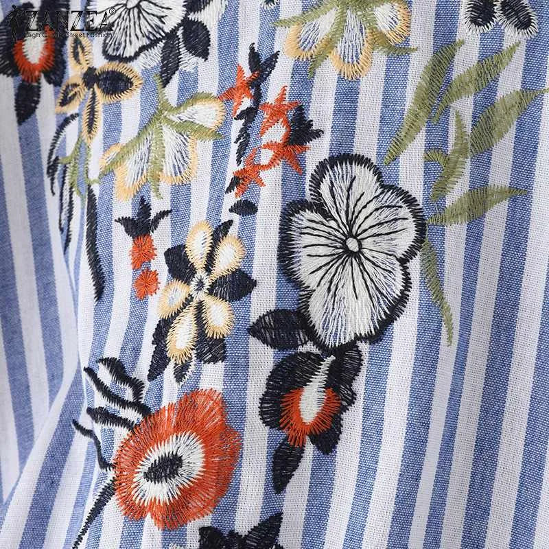 Fashion V Neck 3/4 Sleeve Embroidery Floral Blouse Women Summer Bohemian Striped Tops Casual Holiday Shirt Work Blusas