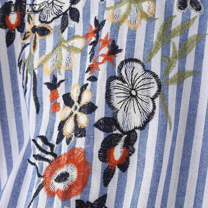 Fashion V Neck 3/4 Sleeve Embroidery Floral Blouse Women Summer Bohemian Striped Tops Casual Holiday Shirt Work Blusas