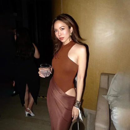 Satin Sexy Hollow Out Women Maxi Dress Black Sleeveless High Waist Dress Female Autumn Skinny Elegant Party Clubwear