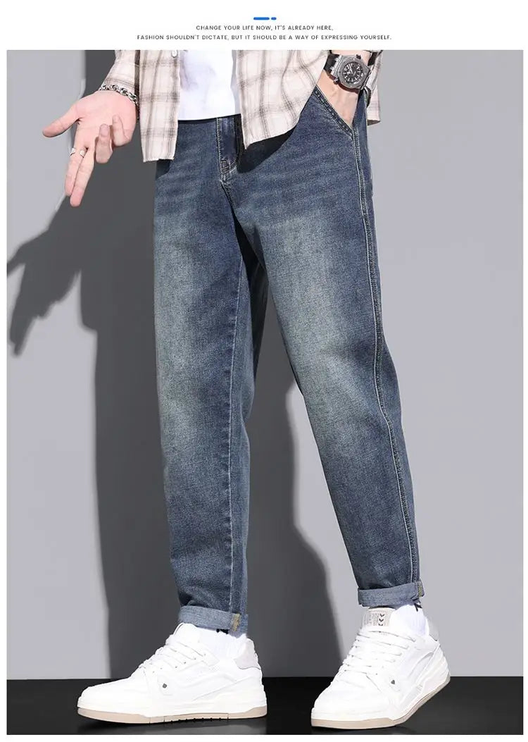 Retro American Style Men's Jeans Loose Fit Heavy Casual Slim Leg Cotton Pants Elastic Waist Korean Denim Jeans for Spring Autumn