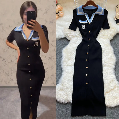 Fashion Summer Knitted Dress Women 2025 New Y2K Embroidery Long Bodycon Sweater Dress Streetwear Lady Vestidos
