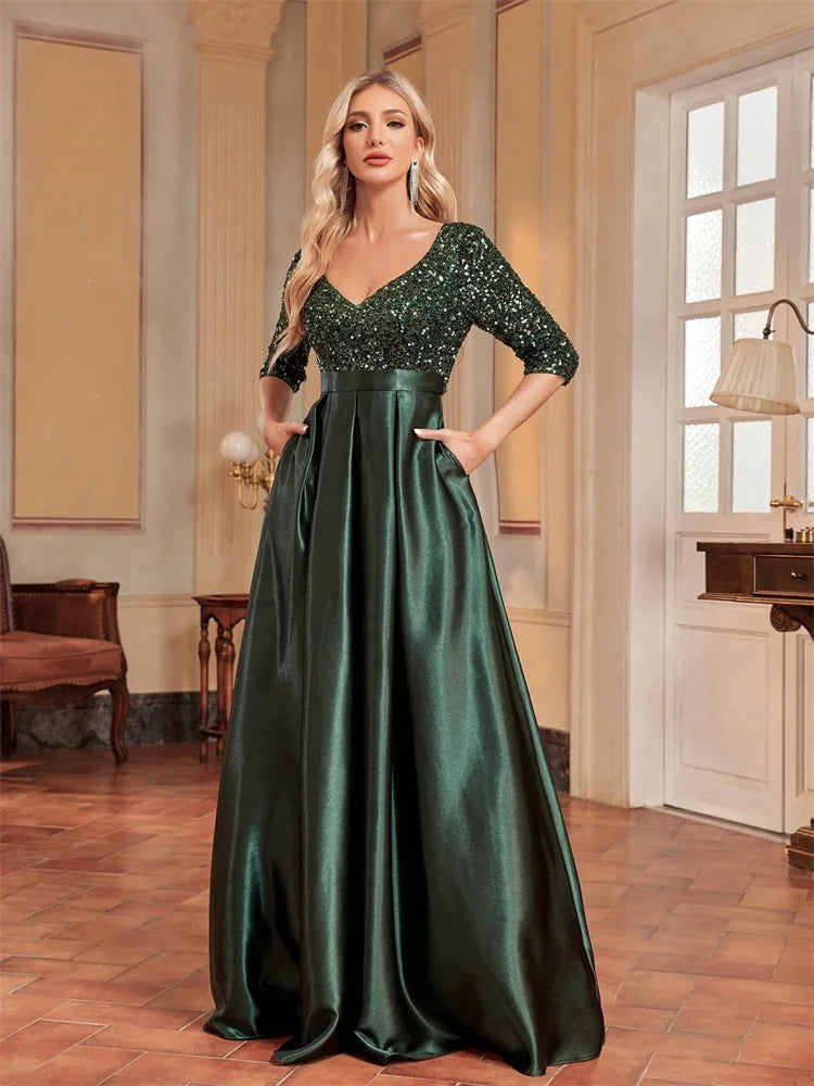 Elegant Short sleeve Sequins Evening Dresses 2025 Women Satin Prom Party Green Prom Floor Length Formal Cocktail Gown