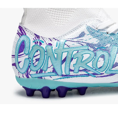 Unisex High-Top Football Shoes AG Long Nails Anti-Slip Leather Black for Teenagers And Adults