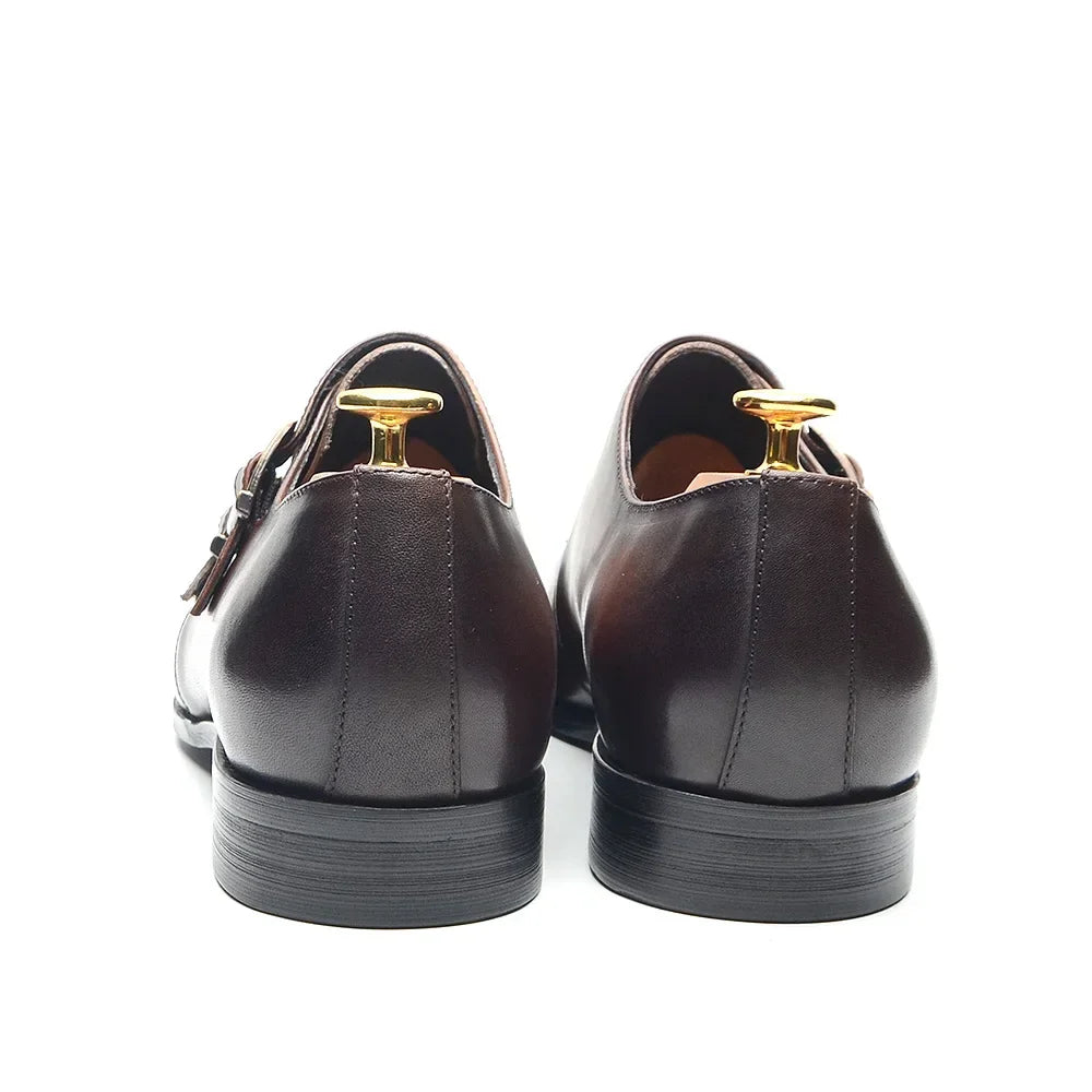 Italian Style Luxury Genuine Leather Monk Strap Men's Formal Shoes Double Buckles Brogue Pointy Toe Business Office Dress Shoes