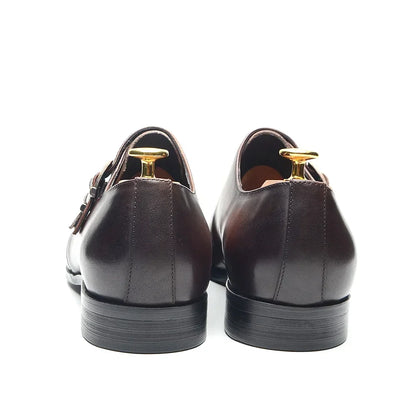 Italian Style Luxury Genuine Leather Monk Strap Men's Formal Shoes Double Buckles Brogue Pointy Toe Business Office Dress Shoes