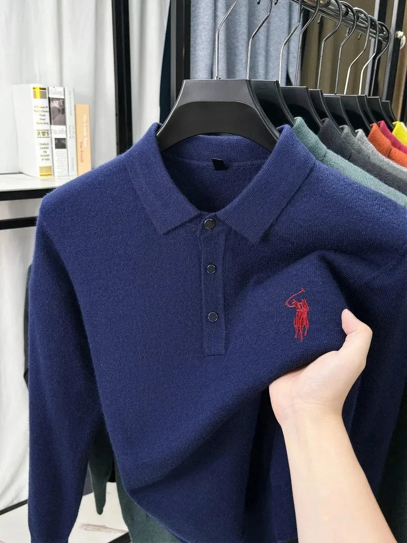 High quality luxury knitted long sleeve T-shirt men's autumn new designer brand Pony embroidery fashion Paul classic polo shirt