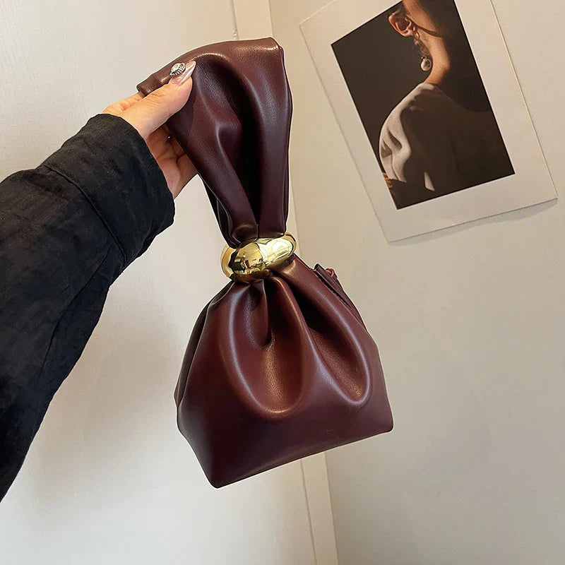 Mini Bolsas de Ombro de Couro PU com Design em Forma de Bolinho, para Mulheres, Modernas, com Nó, Retrô, de Pulso, Bolsas de Mão e Carteiras