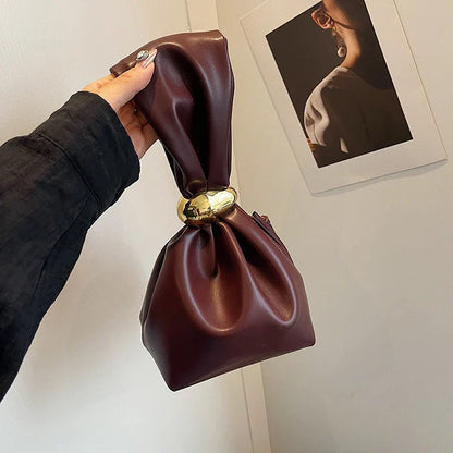 Mini Bolsas de Ombro de Couro PU com Design em Forma de Bolinho, para Mulheres, Modernas, com Nó, Retrô, de Pulso, Bolsas de Mão e Carteiras