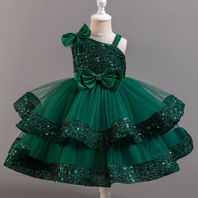 Girl's New Sequined Bow Irregular Collar Mesh Princess Dress Christmas Birthday Party Sweet and Cute Evening Dress