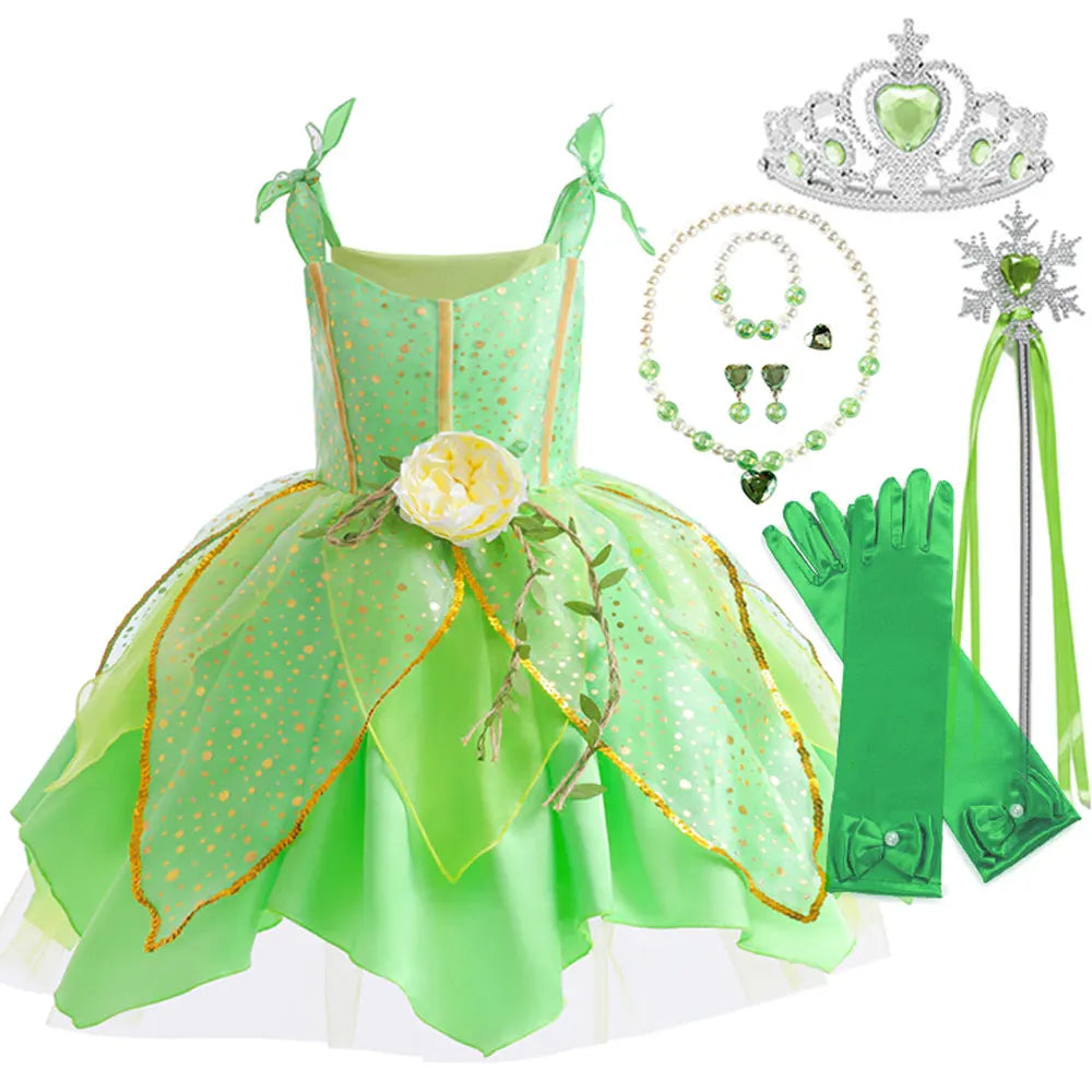 Elf Movie Tinker Bell Girls Play Fairy Dress Green Suspender Skirt With Wings and Flower Christmas Gift for Girls