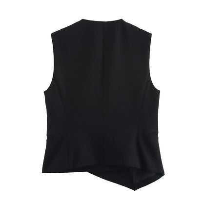 Casual Women Solid Tops Asymmetric V-Neck Single Breasted Pockects Sleeveless Vest Fashion 2025 Autumn Blazer Tops