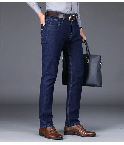 Autumn and Winter New Male Business Casual Stretch Trousers Concise Blue Denim Pants Men's Loose Straight Jeans Jeans for Man