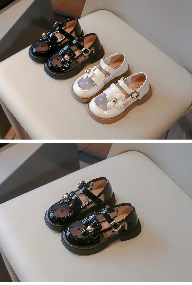 Toddler Girls Elegant Glossy Mesh Mary Jane Flats Flower Buckle Strap Heart Pattern Chunky Sole Comfortable Party School Shoes