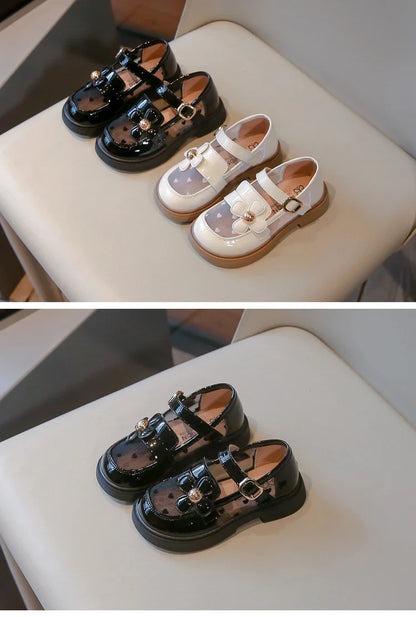 Toddler Girls Elegant Glossy Mesh Mary Jane Flats Flower Buckle Strap Heart Pattern Chunky Sole Comfortable Party School Shoes