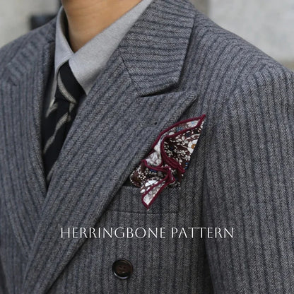 New Thick Style Stripes Herringbone Pattern Men's 2-Piece Suit Double-Breasted Slim Fit Jacket Trousers Vintage Braze Suit