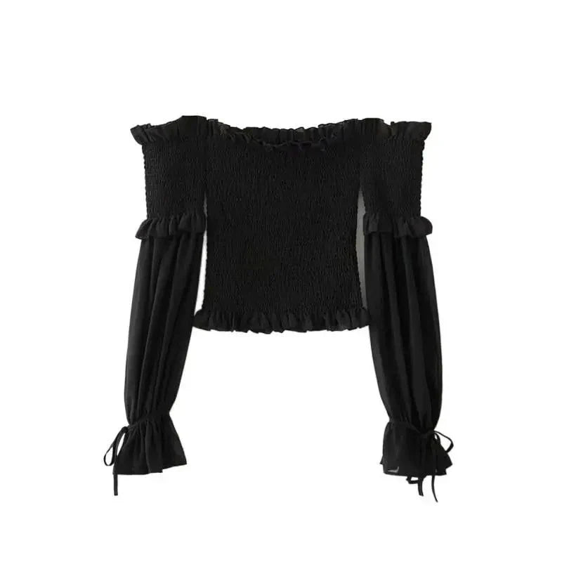 Solid Color Slim Fit Off Shoulder Sexy Women's Chiffon Shirt Sweet Flare Long Sleeved Chic Fashion New Lady Short Tops 8066