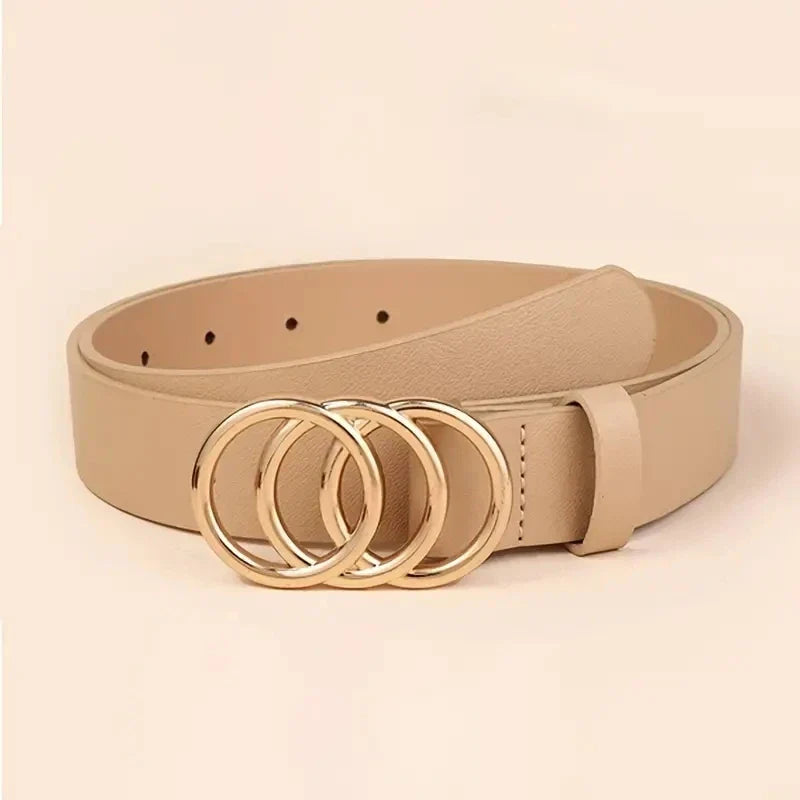 Golden Triple Ring Buckle Belts Simple Solid Color PU Leather Waistband Classic Jeans Pants Belt Dress Coat Girdle For Women