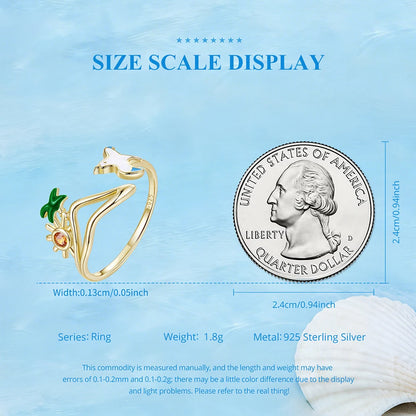 925 Sterling Silver Seagull & Island Open Ring, Adjustable Beach Vacation Rings Boho Style Jewelry with Green Palm