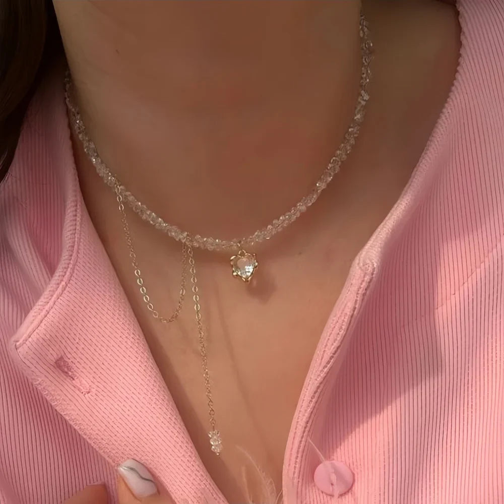New Irregular Choker Vintage Tassels Zircon Heart Pendant Necklace For Women Female Geometric Baroque Transparent Crystal Chain