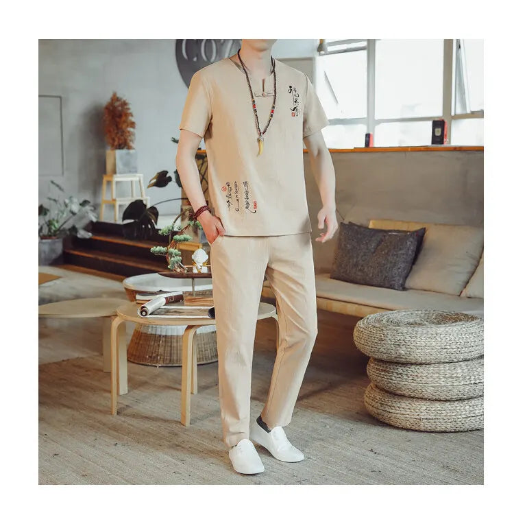 (Shirt + trousers) 2025 summer Chinese Style men shirt Cotton and linen shirts men's High quality casual shirts Two Piece M-5XL