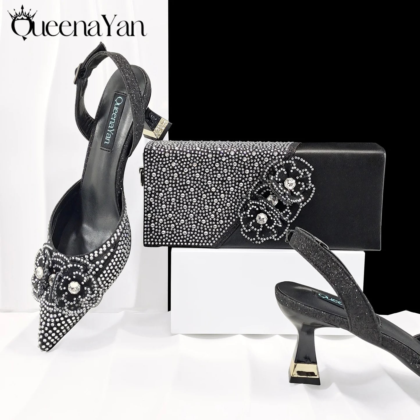 African-Inspired Evening Shoes and Handmade Clutch Set Pointed Toe High-Heel Women's Footwear and Matching Bag