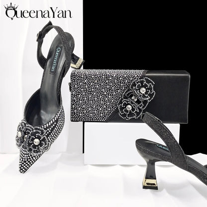 African-Inspired Evening Shoes and Handmade Clutch Set Pointed Toe High-Heel Women's Footwear and Matching Bag