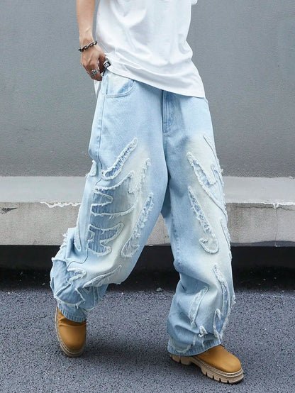 Men's trendy and cool denim wide-leg pants for all seasons featuring unique patchwork patterns, light blue street-stunning style