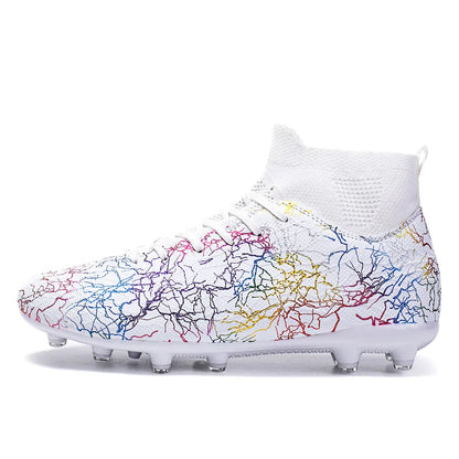 High quality, high-top football shoes, unisex style, comfortable, breathable, available in TF and FG options.  Sole spikes