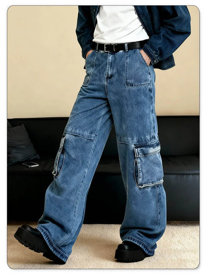 Men's Spring Blue Retro Washed Baggy Cargo Jeans Summer Male Multi Pocket Straight Tube Work Clothes Winter Denim Pants Clothes