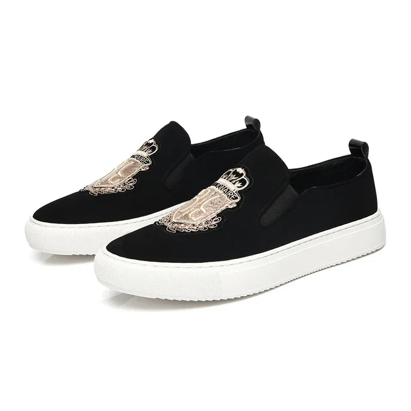 Sapatênis Masculino Novo Casual Preto Camurça Couro Festa Luxo Bordado Sapatilha Mocassim Slip-On
