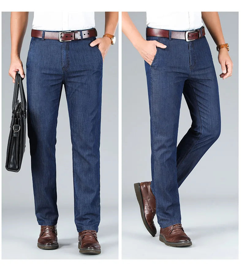 2026 Thin Stretch Denim Business Casual High Waist  High Lyocell  Men's Fit Straight Lightweight Cotton  Light Grey Jeans