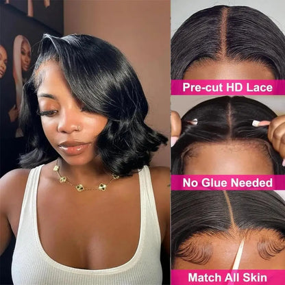 Short Bob Glueless Body Wave Human Hair Wigs 5X5 HD Transparen Lace Frontal Real Human Hair Wig Natural Human Hair  Wigs 16 Inch
