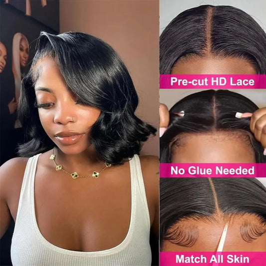 Short Bob Glueless Body Wave Human Hair Wigs 5X5 HD Transparen Lace Frontal Real Human Hair Wig Natural Human Hair  Wigs 16 Inch