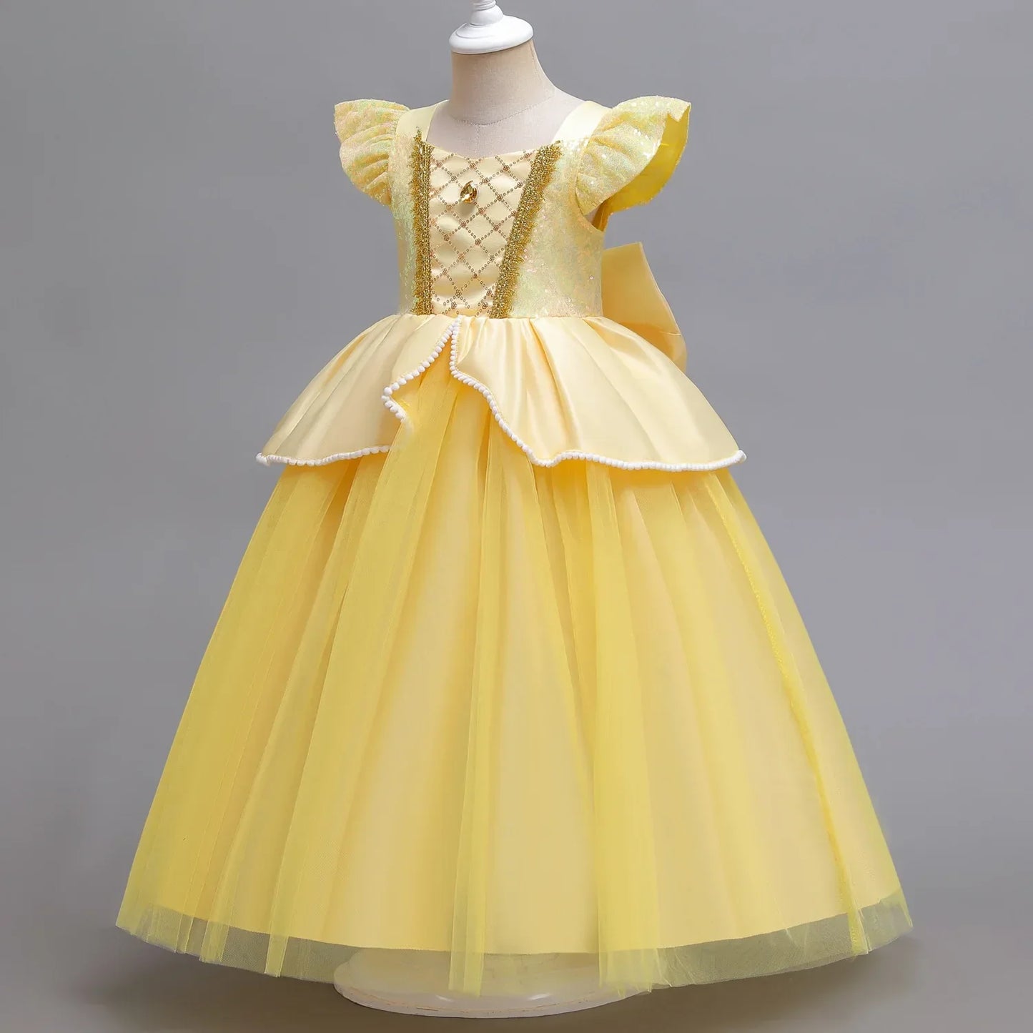 Disney Aniversário Festa Bela Fantasia Infantil Amarelo Malha Vestido de Baile Criança Cosplay Vestido de Festa Luxo para Menina Princesa Bela Noite