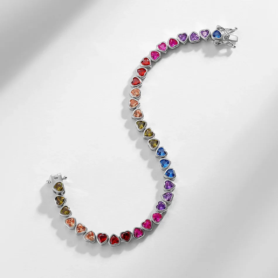 925 Sterling Silver Tennis Bracelet Colorful Rainbow CZ Heart Shaped Zircon Bracelet For Women Fine Jewelry Wholesale