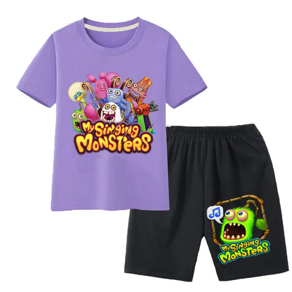 Summer Kids Cartoon Print Sport Clothing Suit Monsters Boys Casual Outfits Children Breathable T Shirt Pocket Shorts 2 Piece Set