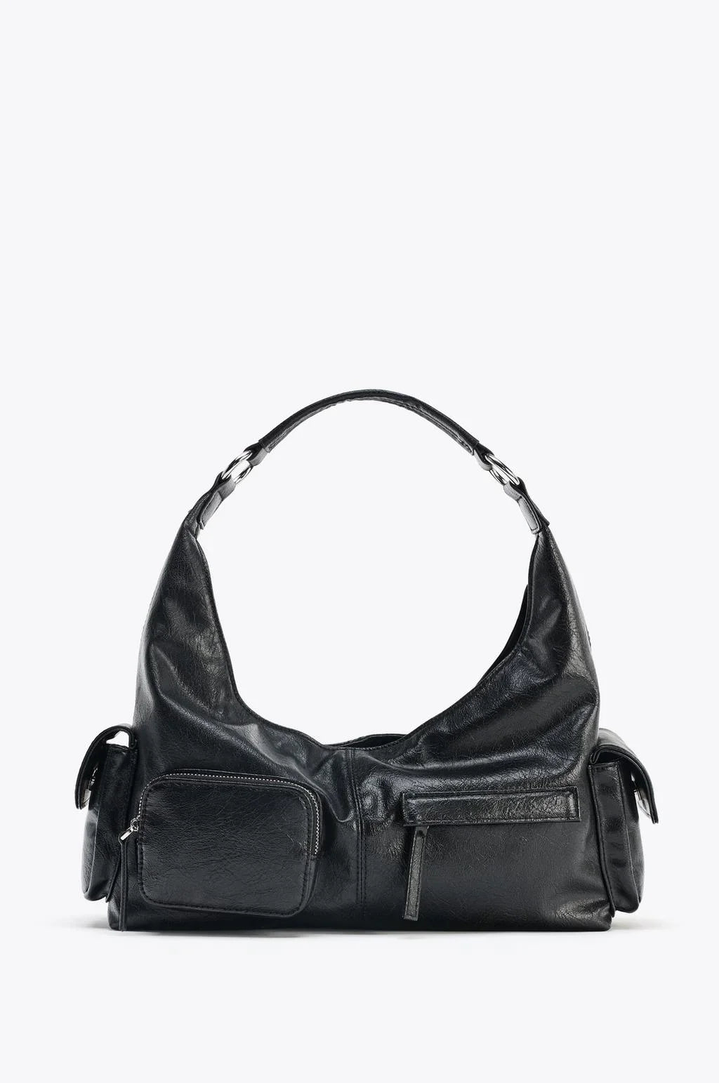 WOMEN'S CRACKLED EFFECT POCKET BAG, New Luxury Designer Punk Style Shoulder Hobo Bag, Multiple pockets Motorcycle Bag for Women