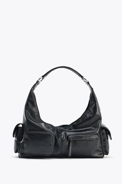 WOMEN'S CRACKLED EFFECT POCKET BAG, New Luxury Designer Punk Style Shoulder Hobo Bag, Multiple pockets Motorcycle Bag for Women