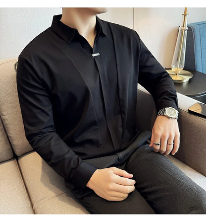 Stitching Special V-neck Long-Sleeved Polo Shirt, Men's High-Grade Elasticity Traceless Lapel T-shirt, Royal Blue Seamless Top