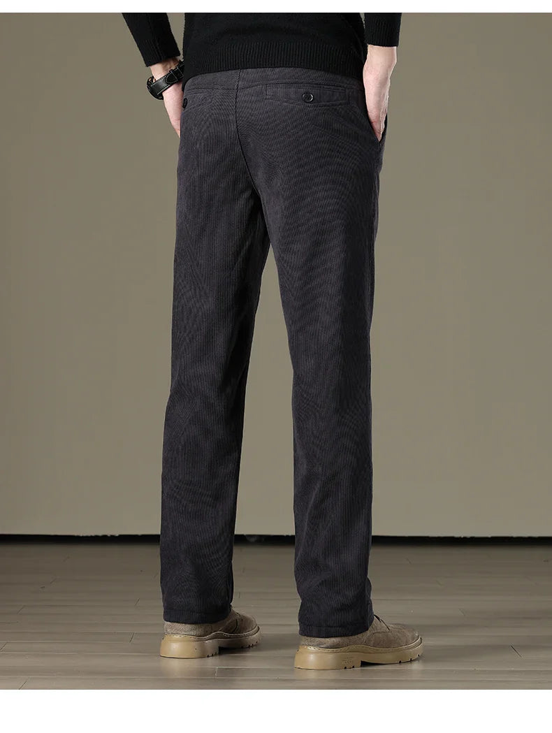 Winter Men Business Fleece Thick Casual Pants Straight Velvet Corduroy Warm Cold Resistant Bottoms Elastic Waist Trousers