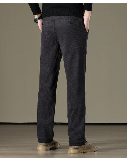 Winter Men Business Fleece Thick Casual Pants Straight Velvet Corduroy Warm Cold Resistant Bottoms Elastic Waist Trousers