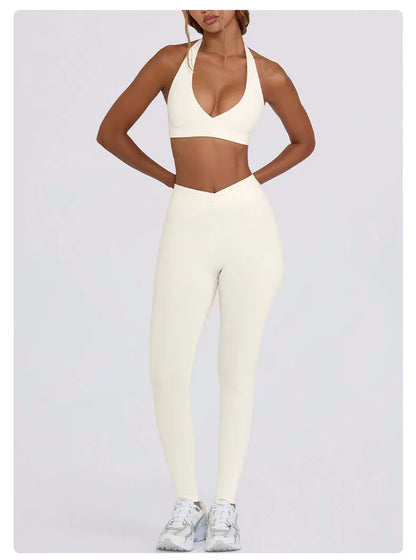 Women's Yoga Suits Quick Drying Leggings Gym Shorts Nude Hanging Neck Bra Running Gym Exercise Sets