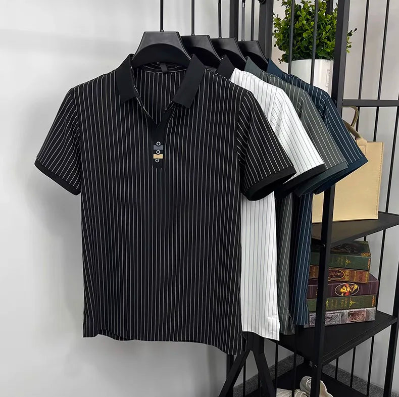 Brand striped design men's short sleeve fashionable polo shirt 2024 summer new cool and breathable casual lapel golf T-shirt