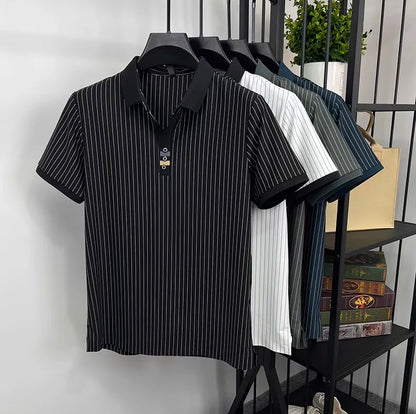 Brand striped design men's short sleeve fashionable polo shirt 2024 summer new cool and breathable casual lapel golf T-shirt