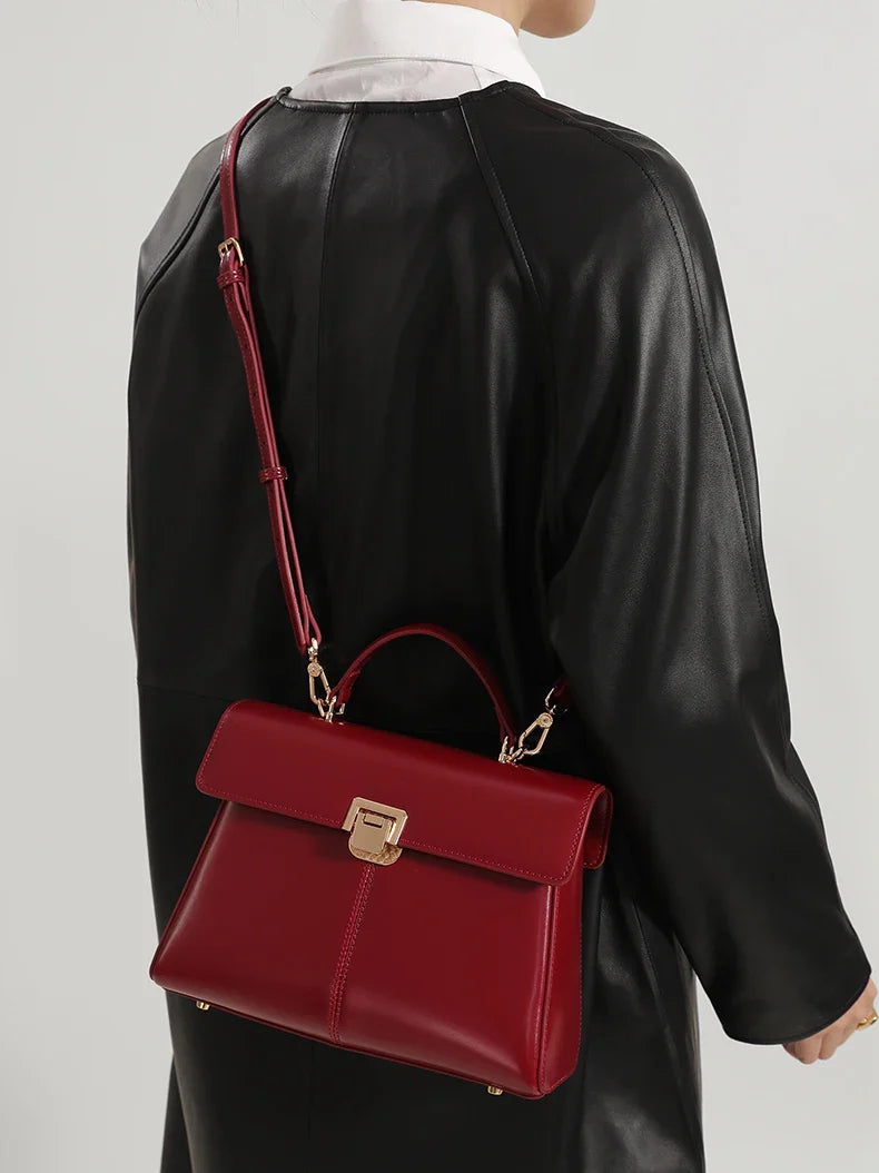 Genuine Leather Handbag with Scarf | Luxury Designer Trendy Shoulder Bag Solid Color Commuting Bag | bags for women gift
