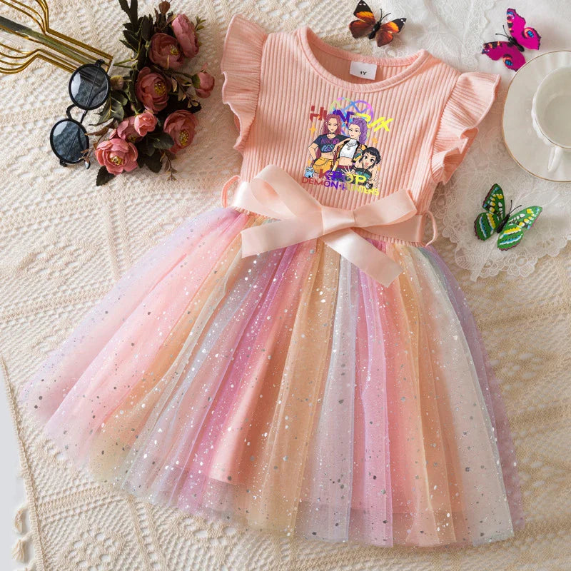 Girls Flying Sleeves Bow Sequin Dress Kids Baby Girl Birthday Party Fluffy Tutu Princess Dress 1-5Y